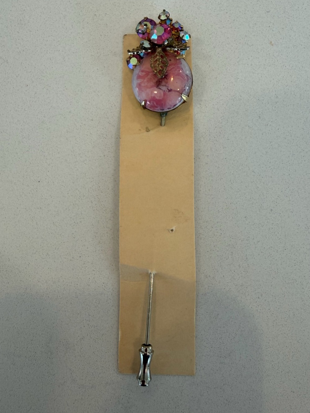 Vintage Pink Art Glass AB Rhinestone Floral Hatpin